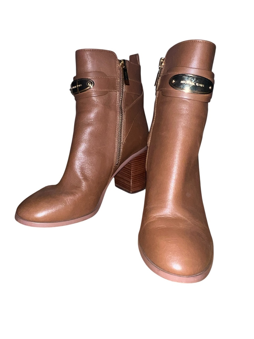 Michael Kors Leather Ankle Boots Brown Block Heel Zip Booties Womens 8M